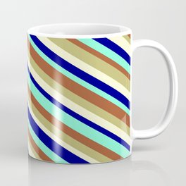 [ Thumbnail: Eye-catching Sienna, Dark Khaki, Light Yellow, Blue, and Aquamarine Colored Striped/Lined Pattern Coffee Mug ]