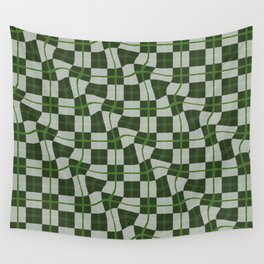 Warped Checkerboard Grid Illustration Whimsical Green Wall Tapestry