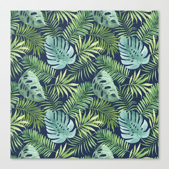 Tropical Branches on Dark Pattern 06 Canvas Print