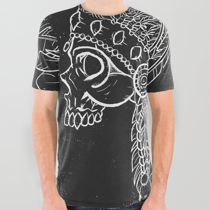 Black grunge indian skull All Over Graphic Tee