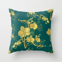 Gold & Green Turquoise  Floral Pattern Throw Pillow