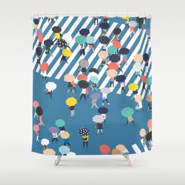 Crossing The Street On a Rainy Day - Blue Shower Curtain