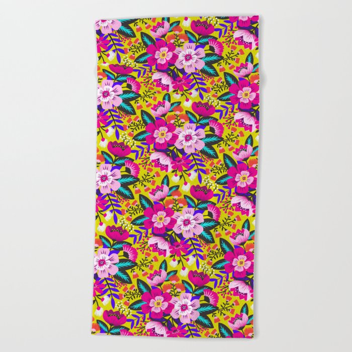 Bright boho flower bouquet in pink and yellow Beach Towel