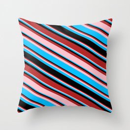 [ Thumbnail: Red, Pink, Deep Sky Blue, and Black Colored Stripes/Lines Pattern Throw Pillow ]