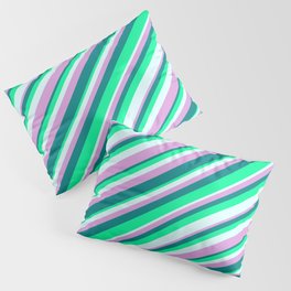 [ Thumbnail: Plum, Teal, Green & Light Cyan Colored Striped Pattern Pillow Sham ]