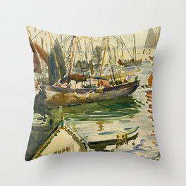 Ships in Harbor coastal nautical landscape painting by Hayley Lever Throw Pillow