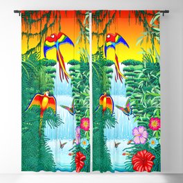Waterfall Macaws and Butterflies on Exotic Landscape in the Jungle Naif Style Blackout Curtain