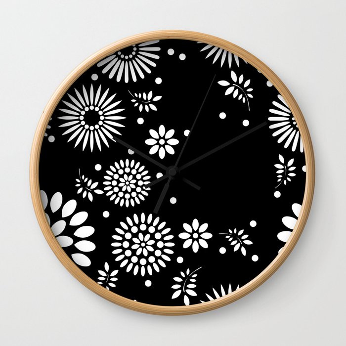 Black and white seamless floral pattern Wall Clock