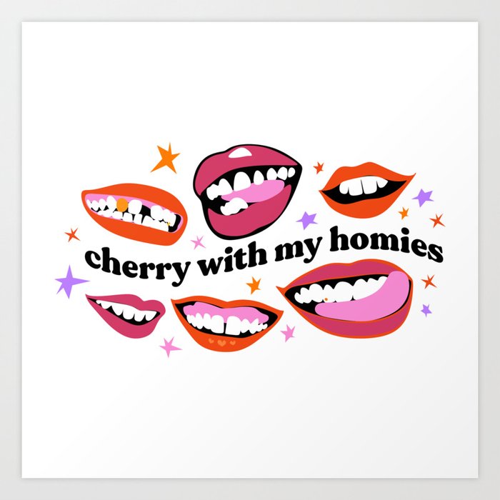 Cherry with my Homies Lips Stars Orange Pink Red White Background Art Print