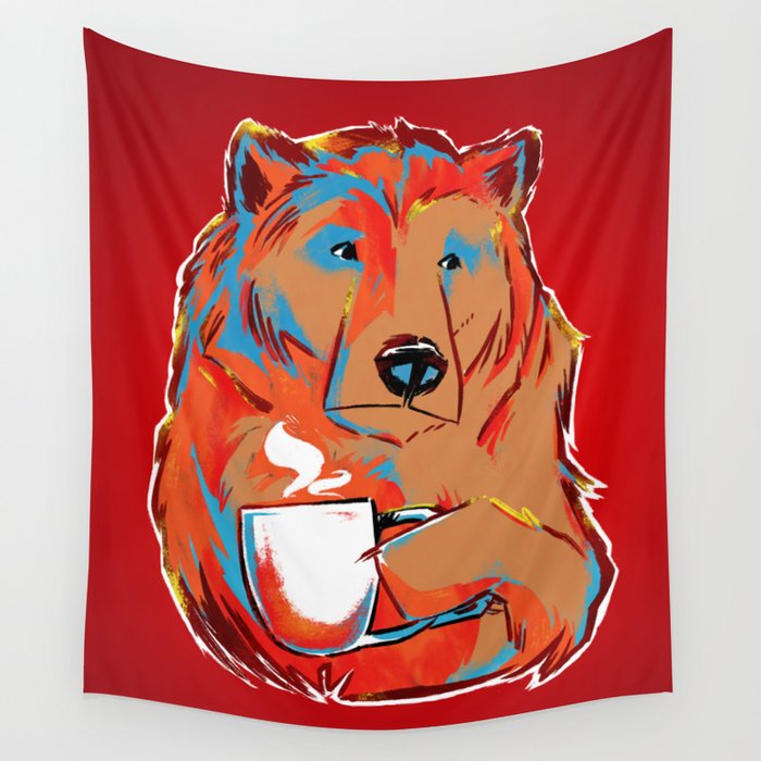 Bear with Coffee Mug Wall Tapestry