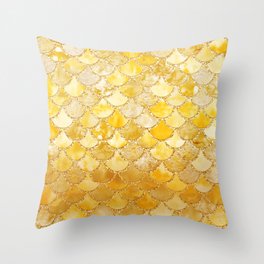 Sunny Gold Colorful Watercolor Trendy Glitter Mermaid Scales Throw Pillow