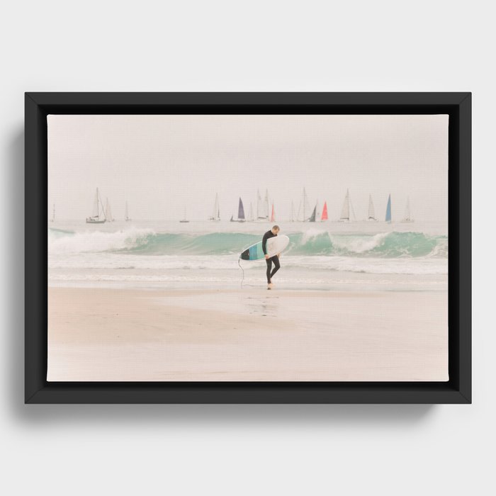 Beach Surfer - Ocean crashing waves - Sail Boats Travel photography Framed Canvas