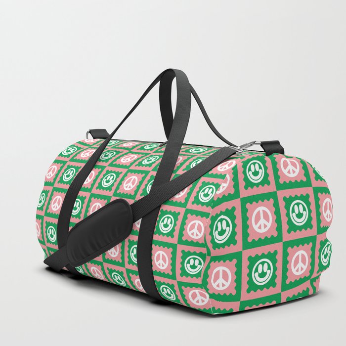 Funky Checkered Smileys and Peace Symbol Pattern (Pink, Green, White) Duffle Bag