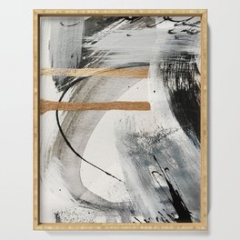Armor [7]: a bold minimal abstract mixed media piece in gold, black and white Serving Tray