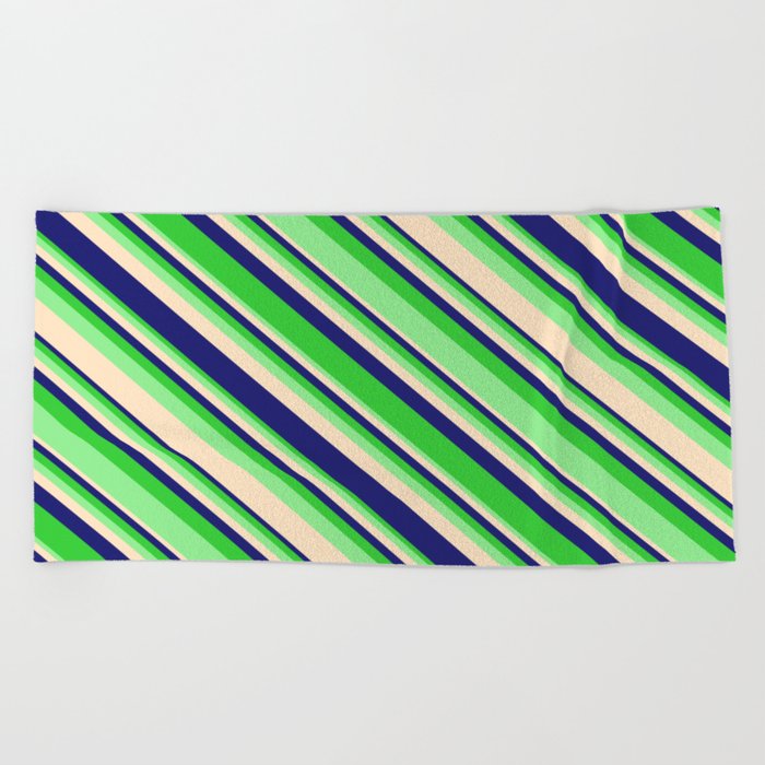 Lime Green, Light Green, Bisque, and Midnight Blue Colored Lined Pattern Beach Towel