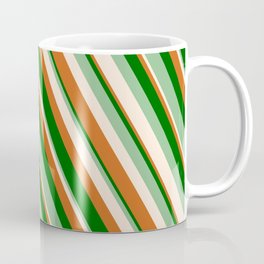 [ Thumbnail: Chocolate, Dark Green, Dark Sea Green & Beige Colored Lines Pattern Coffee Mug ]