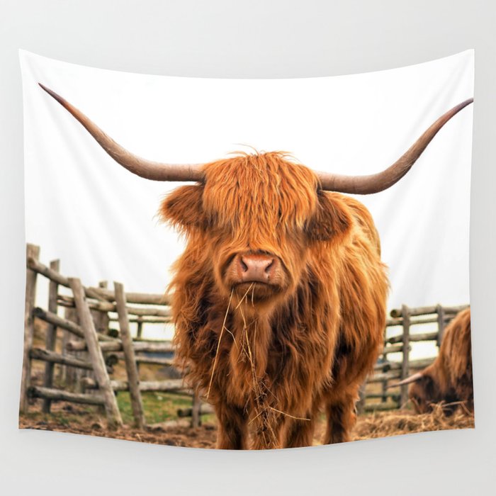 Highland Cow in a Fence Wall Tapestry