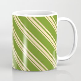 [ Thumbnail: Tan and Green Colored Striped/Lined Pattern Coffee Mug ]