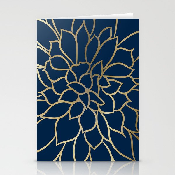 Floral Prints, Line Art, Navy Blue and Gold Stationery Cards