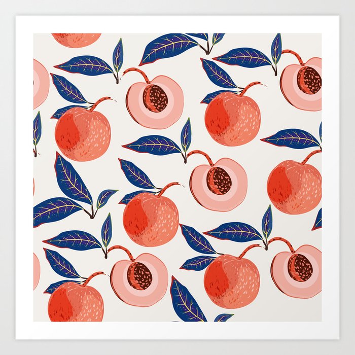 Fruits of peaches and apricot trees leaves on a light cream, white color background. Seamless floral pattern. Square repeating design Art Print