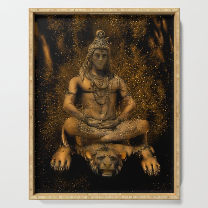 Lord Shiva Statue Painting Print, Tapestry Final, Fantasy Paintings Yoga Poster, Religious artwork Serving Tray