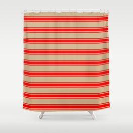 [ Thumbnail: Tan & Red Colored Lines Pattern Shower Curtain ]