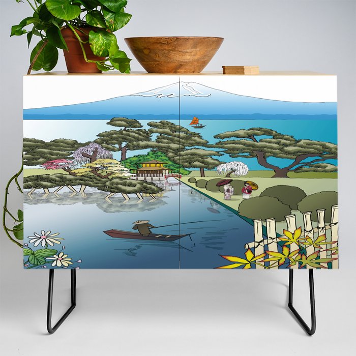 Japan Mural - Color with White Background Credenza
