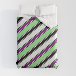 [ Thumbnail: Light Green, Purple, Mint Cream & Black Colored Lines Pattern Duvet Cover ]
