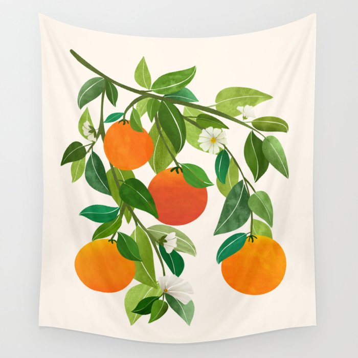 Oranges and Blossoms Tropical Fruit Painting Wall Tapestry