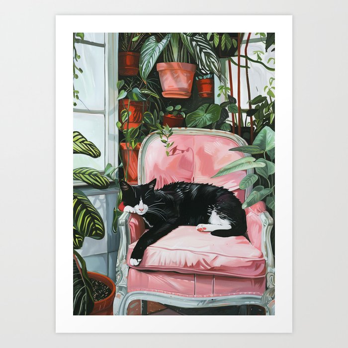 Tranquil Reverie: Monochrome Cat on Crimson Chair Art Print