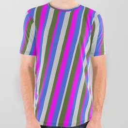 [ Thumbnail: Royal Blue, Light Grey, Dark Olive Green, and Fuchsia Colored Stripes Pattern All Over Graphic Tee ]