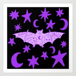 Mystical Halloween Bat, Purple over Black Art Print