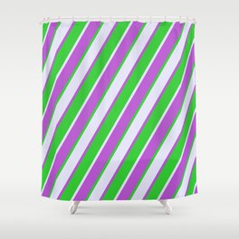 [ Thumbnail: Lavender, Orchid, and Lime Green Colored Lined/Striped Pattern Shower Curtain ]