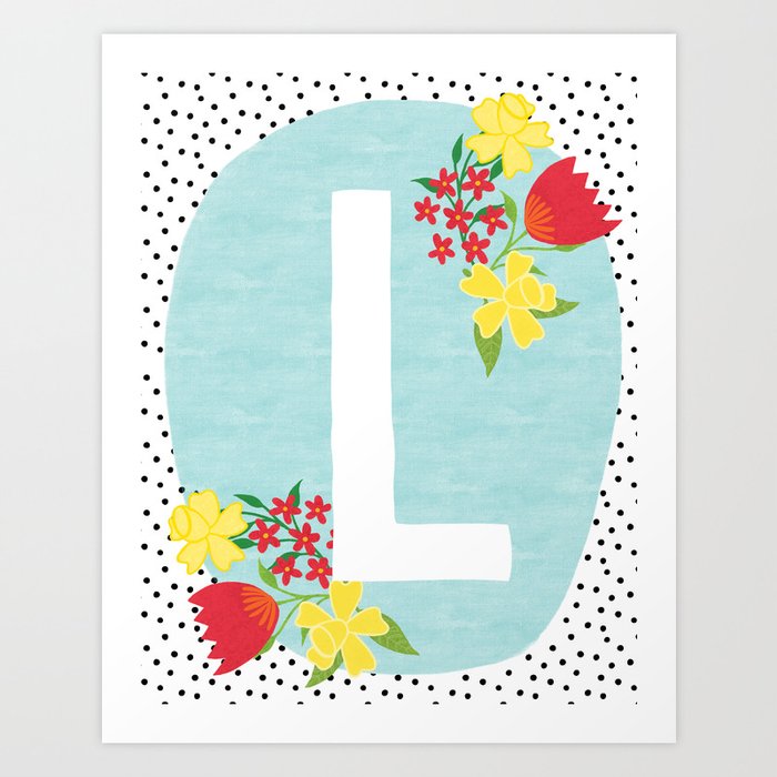 L botanical monogram. Letter initial with tulips and daffodils poster Art Print