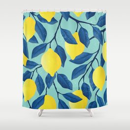 Vintage yellow lemon on the branches with leaves and blue sky hand drawn illustration pattern Shower Curtain