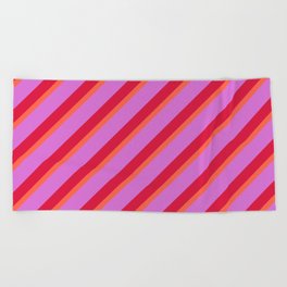 [ Thumbnail: Red, Orchid & Crimson Colored Stripes/Lines Pattern Beach Towel ]