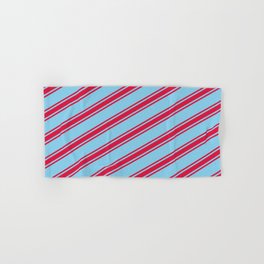 [ Thumbnail: Sky Blue & Crimson Colored Lines/Stripes Pattern Hand & Bath Towel ]
