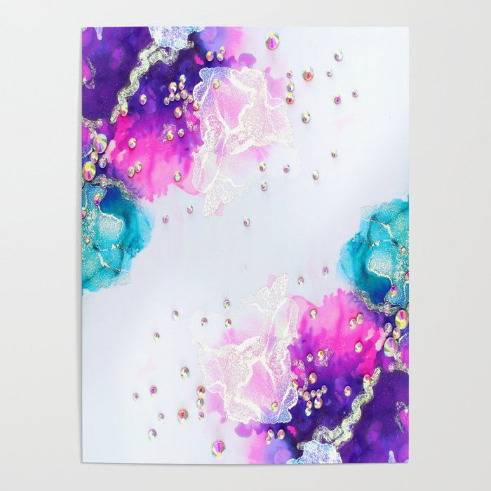 Pink Purple Teal Alcohol Ink Abstract Agate Geode Marble Pattern Poster