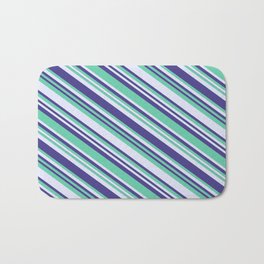 [ Thumbnail: Aquamarine, Lavender & Dark Slate Blue Colored Lined/Striped Pattern Bath Mat ]