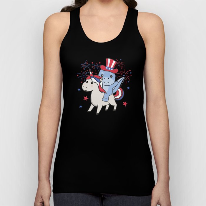 Dino With Unicorn For Fourth Of July Fireworks Tank Top
