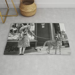 Woman with Cheetah, Phyllis Gordon, with her pet Kenyan cheetah, Paris, France black and white photo Rug