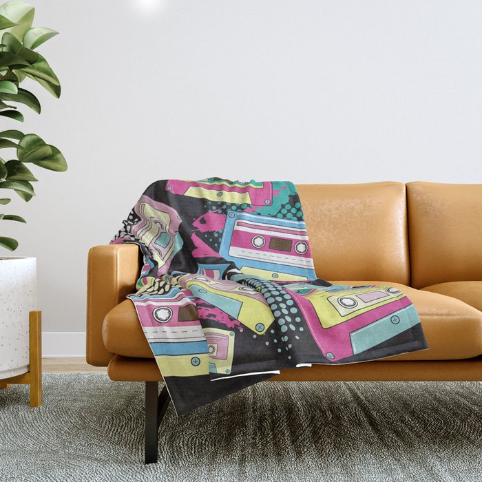 Multi Colored cassettes on a black background seamless pattern Throw Blanket