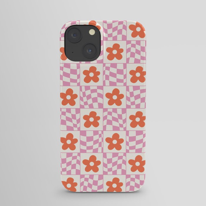 Orange Flower Pink & White Warped Double Checker iPhone Case