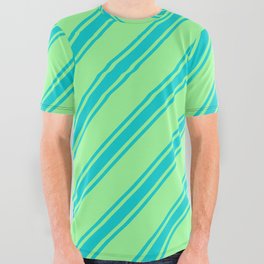 [ Thumbnail: Green & Dark Turquoise Colored Lines/Stripes Pattern All Over Graphic Tee ]