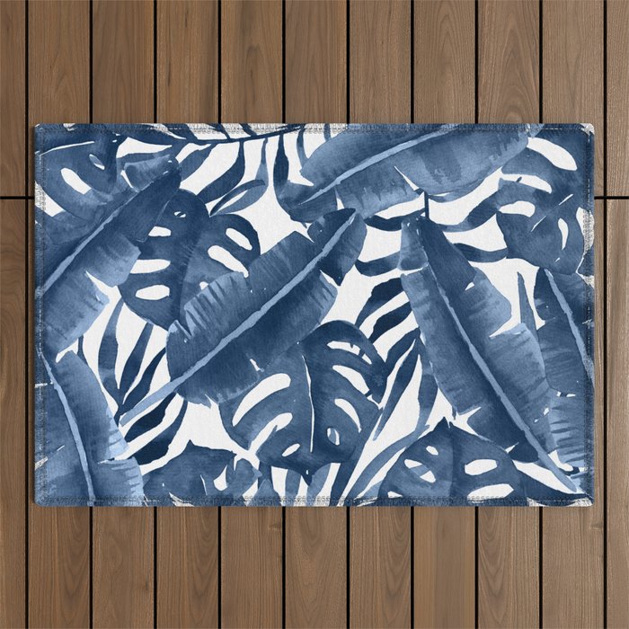 Blue watercolor tropical palm leaves  Outdoor Rug
