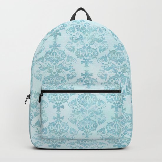 Blue Turquoise Damask Watercolor Baroque Pattern Backpack
