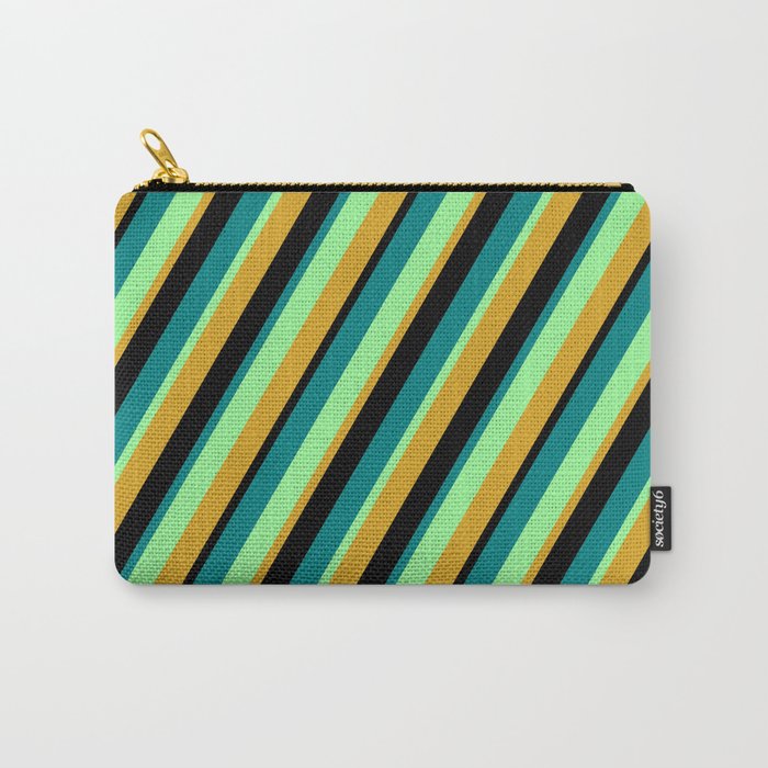 Green, Goldenrod, Black, and Teal Colored Lined/Striped Pattern Carry-All Pouch