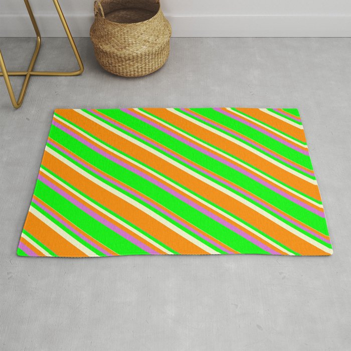 Light Yellow, Dark Orange, Orchid, and Lime Colored Lined Pattern Rug