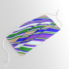 [ Thumbnail: Colorful Green, Tan, Blue, Purple, and Light Cyan Colored Striped/Lined Pattern Face Mask ]