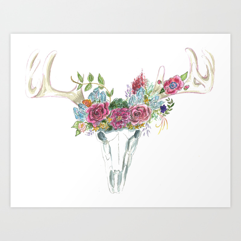 Skull Flower Crystal Print Deer Skull Painting Art Print By